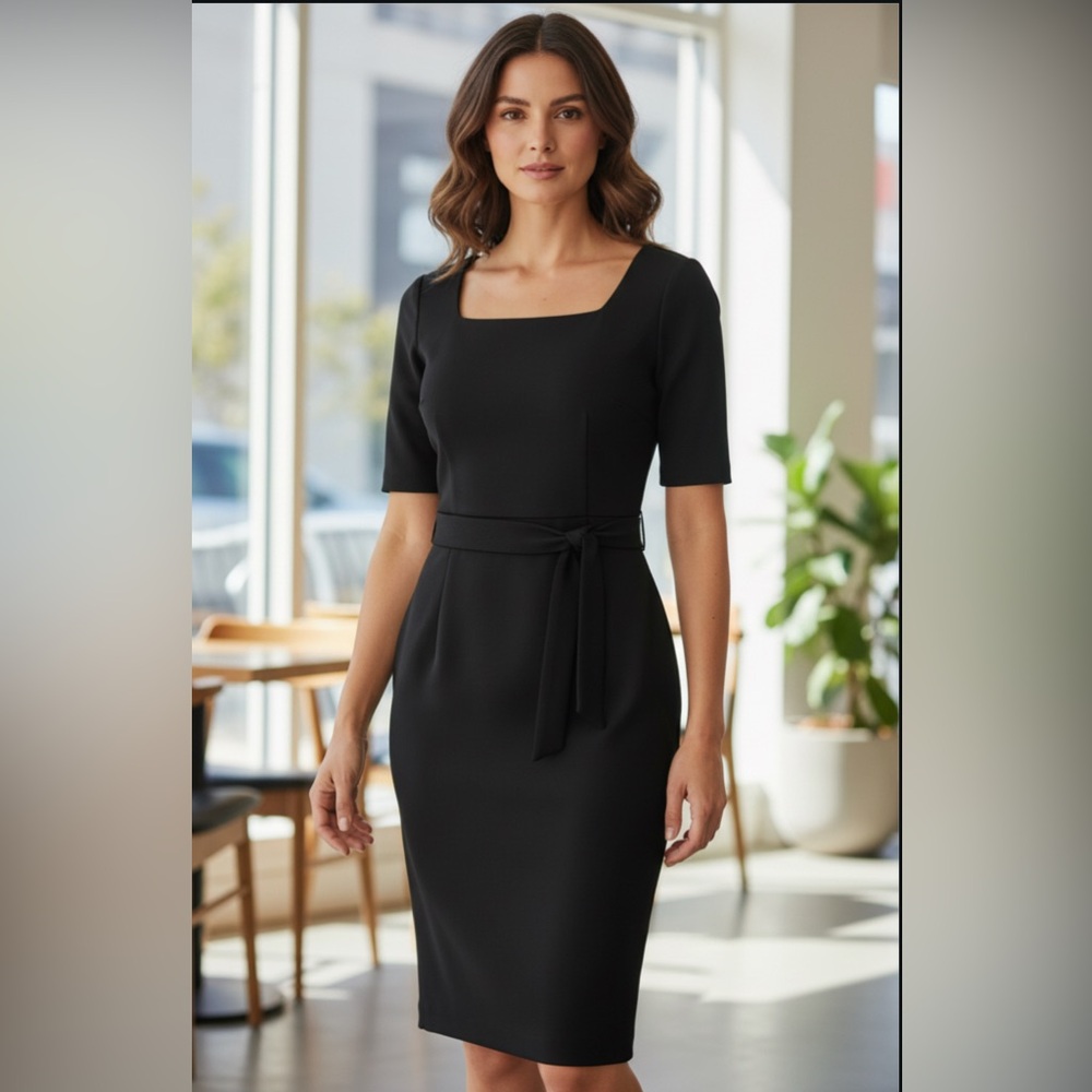 Elie Tahari  Square Neck Black Midi Dress